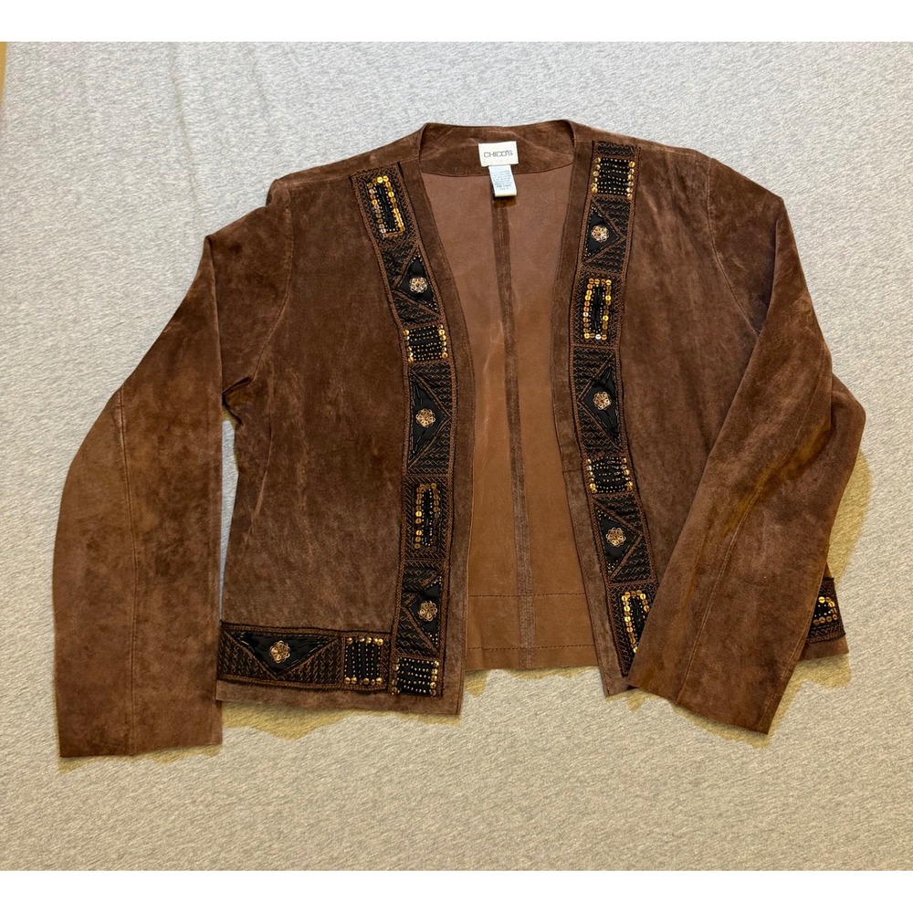 Chico's Brown Suede Leather Embroidered Beaded Sequin Jacket Size 1 M Boho
